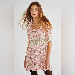 NWT Free People Lucie Pink Floral Lace Mini Dress Size 6 Back Tie Puff Sleeve